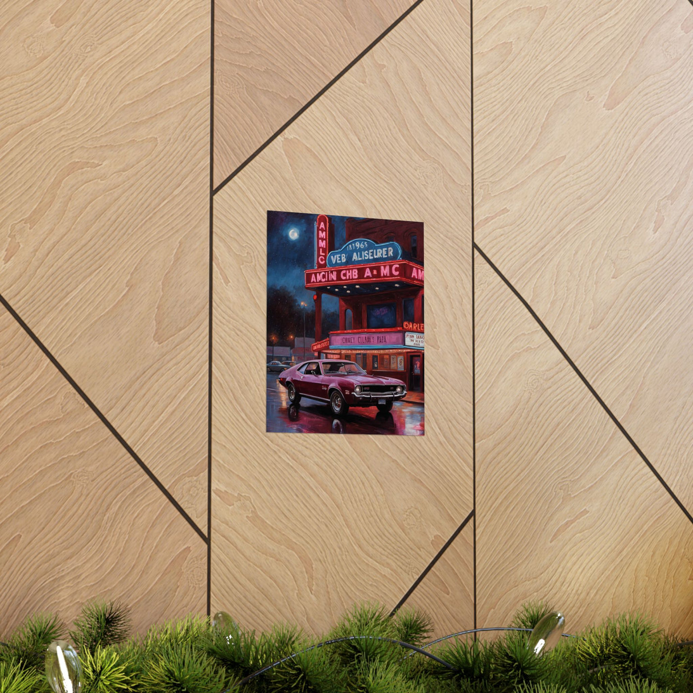 1970s themed poster featuring a 1960s Vintage Car parked outside a classic diner