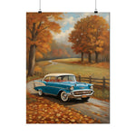 Vintage Blue Classic Car Poster — Autumn Road Matte Vertical Print