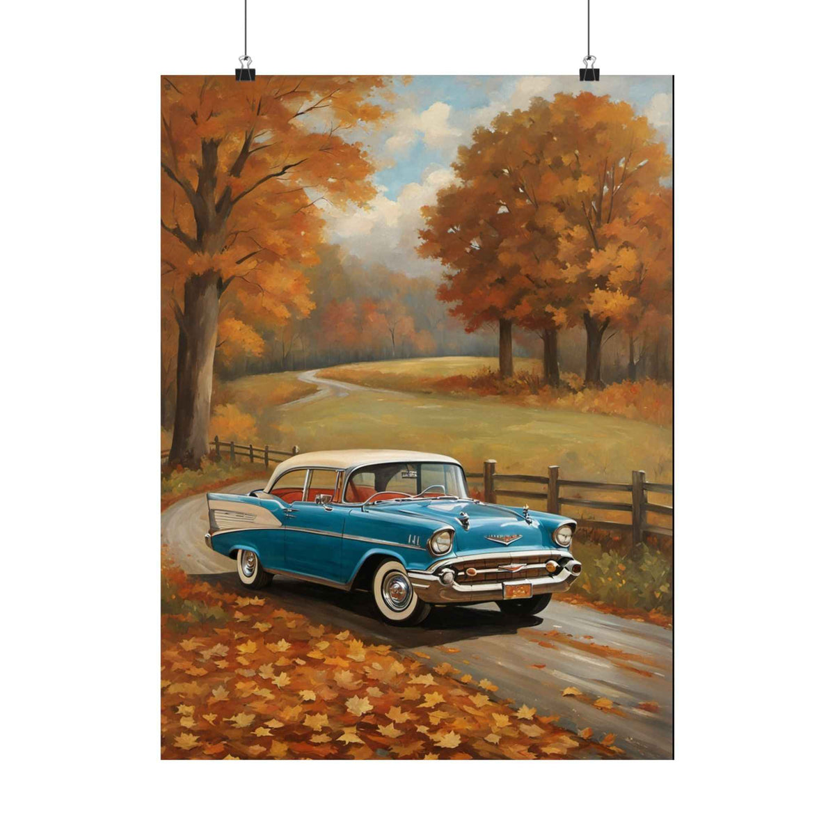 Vintage Blue Classic Car Poster — Autumn Road Matte Vertical Print
