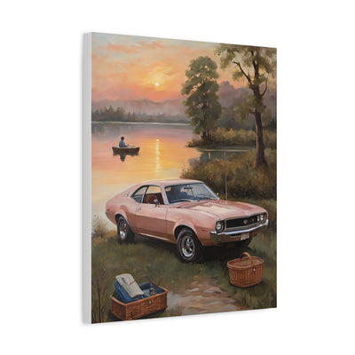 Nostalgic 68s Car Artwork featuring a pink classic car by a serene lake at sunset