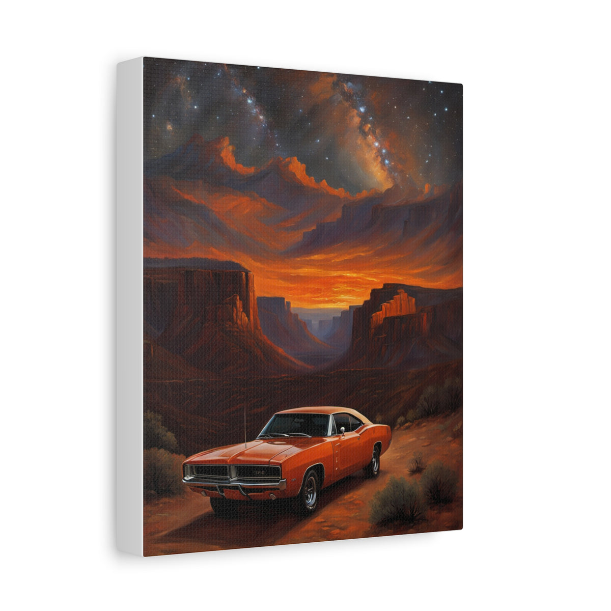 1969 Dodge Charger R/T Canvas Wall Art Vintage Go Mango Orange Muscle Car Painting Red Rock Canyon Milky Way Stretched Canvas Print for Living Room Office Decor