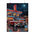 Retro Diner Night Poster — Classic Red Convertible Matte Vertical Art Print