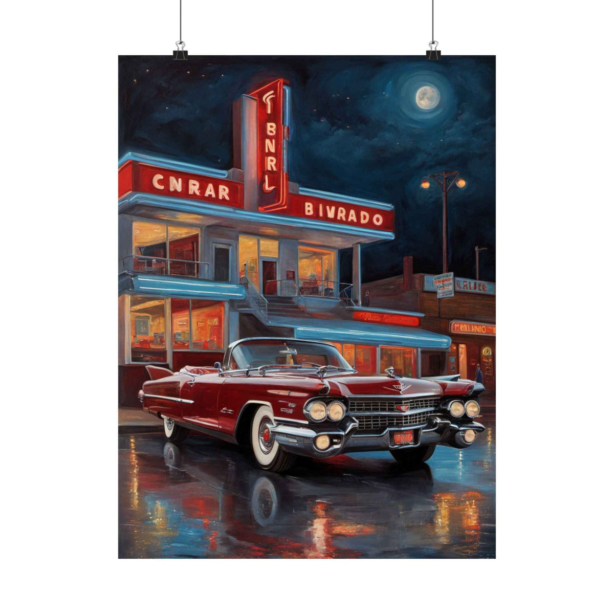 Retro Diner Night Poster — Classic Red Convertible Matte Vertical Art Print