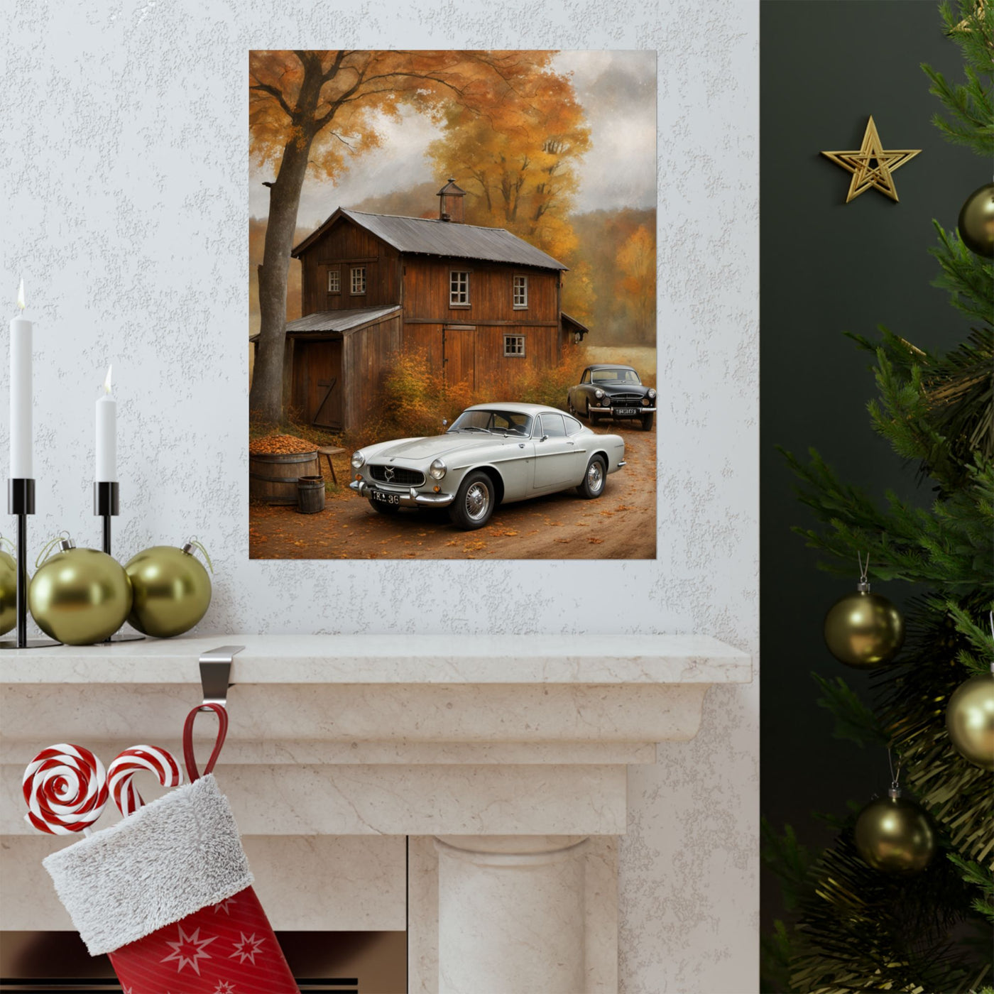 Vintage Autumn Car Art Poster, Rustic Home Decor, Classic Car Wall Art, Autumn Decor, Gift for Car Lovers, Photography Print Printify