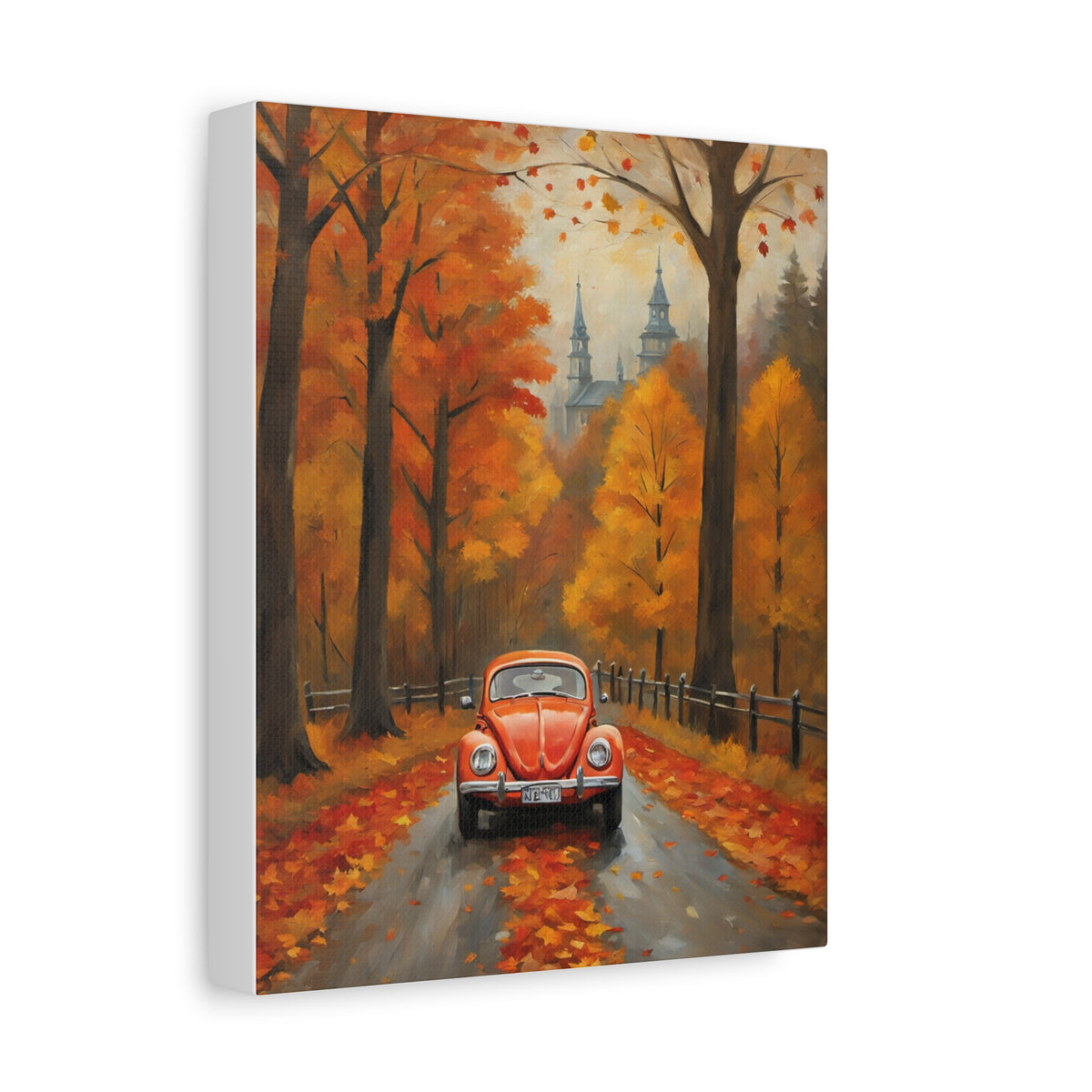 1967 Volkswagen Beetle Canvas Wall Art Vintage Pumpkin Orange Bug Painting Autumn Maple Forest Road Stretched Canvas Print for Living Room Office Decor