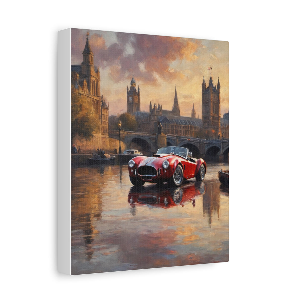 1965 AC Cobra 427 Canvas Wall Art Vintage Red British Roadster Painting London Thames River Sunset Bridge Stretched Canvas Print for Living Room Office Decor