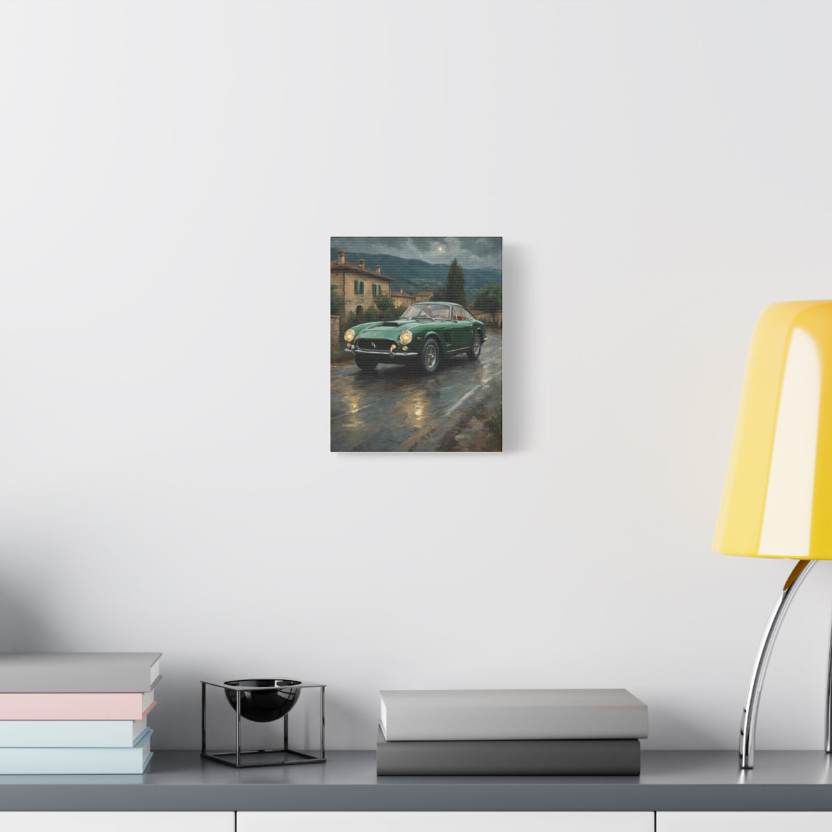 1963 Ferrari 250 GT Berlinetta Lusso Canvas Wall Art Vintage Green Italian Sports Car Night Painting Moonlit Country Road Stretched Canvas Print for Living Room Office Decor