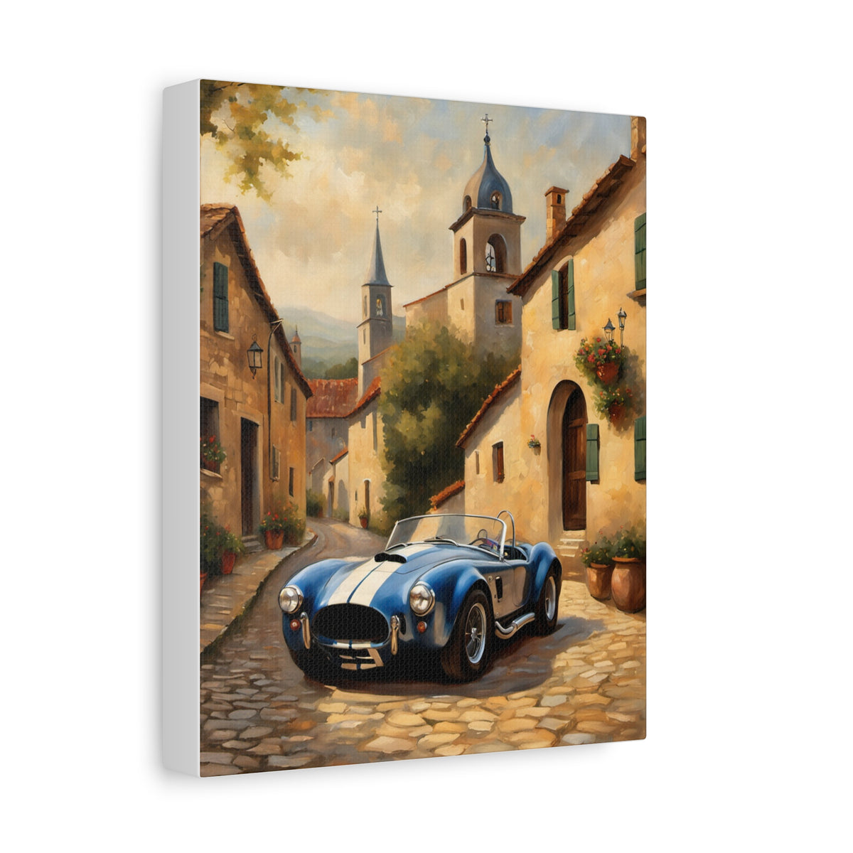 1966 Shelby Cobra 427 Canvas Wall Art Vintage Blue Sports Car Painting Tuscan Village Cobblestone Street Stretched Canvas Print for Living Room Office Decor