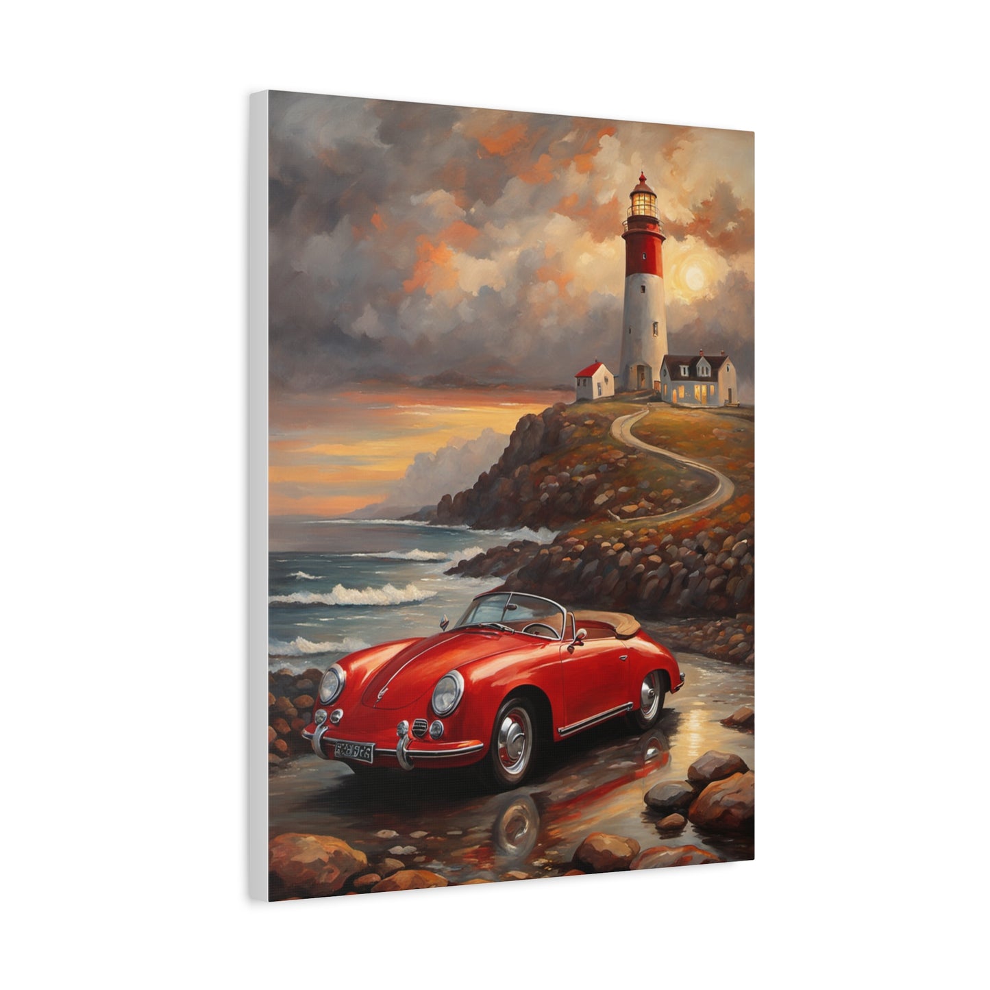 Scenic Canvas Wall Art, Vintage Car, Lighthouse Decor, Nautical Home Design, Coastal Art, Gift for Car Lovers