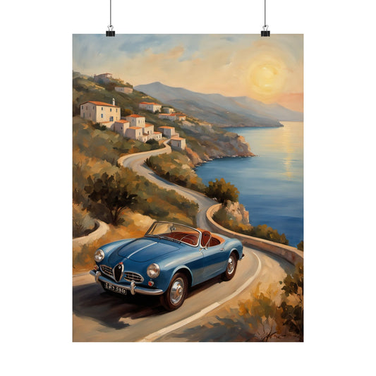 Vintage Car Poster, Retro Wall Art, Classic Automobile Decor, Gift for Car Lovers, Coastal Road Trip Art
