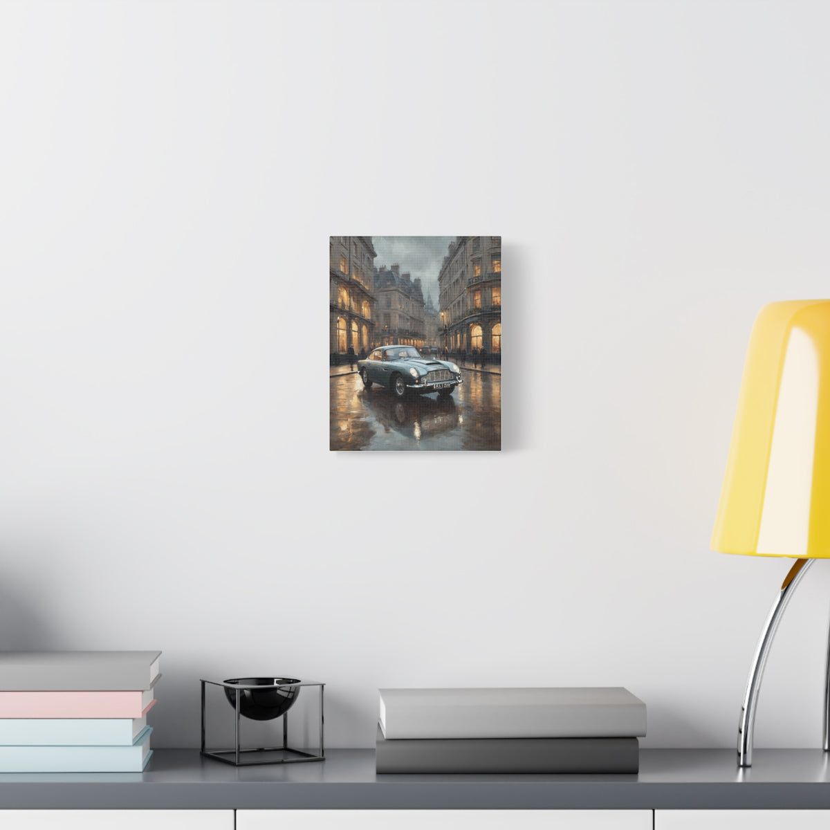 1964 Aston Martin DB5 Canvas Wall Art Vintage Silver Birch British Sports Car Painting Rainy London Cityscape Twilight Stretched Canvas Print for Living Room Office Decor