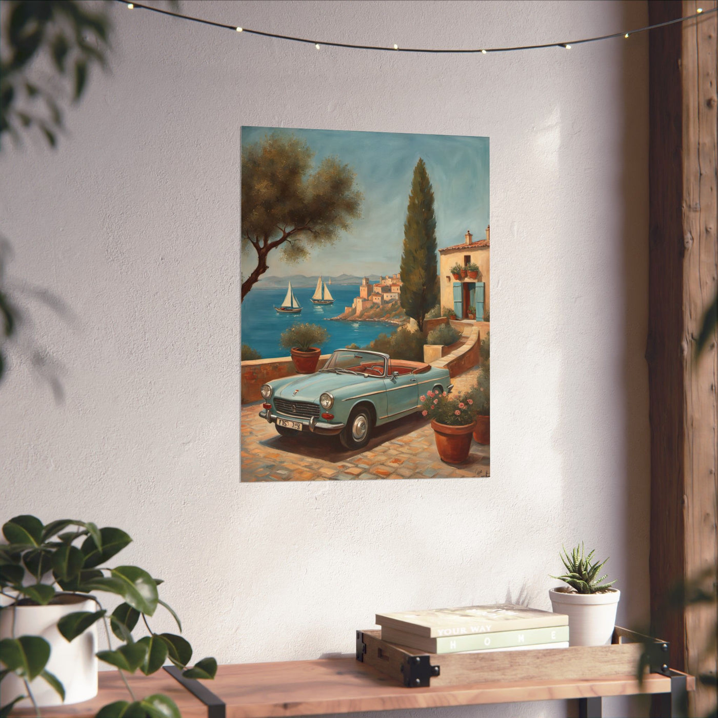 Scenic Vintage Car Art Matte Vertical Posters, Vintage Car Art, Mediterranean Vibes, Home Decor, Wall Art for Travel Lovers Printify
