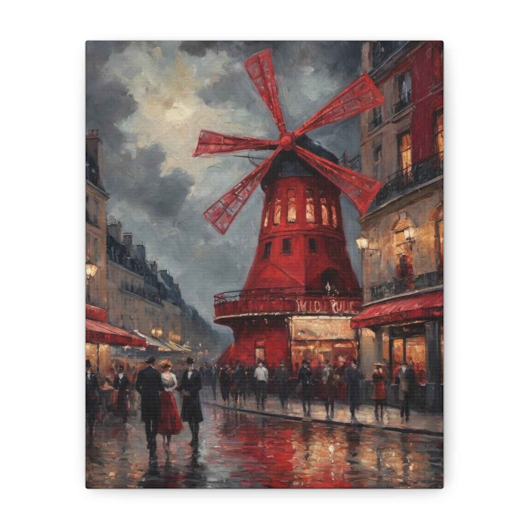 Paris Street Scene Canvas Print — Red Moulin Windmill Matte Stretched Wall Art - AquilVision