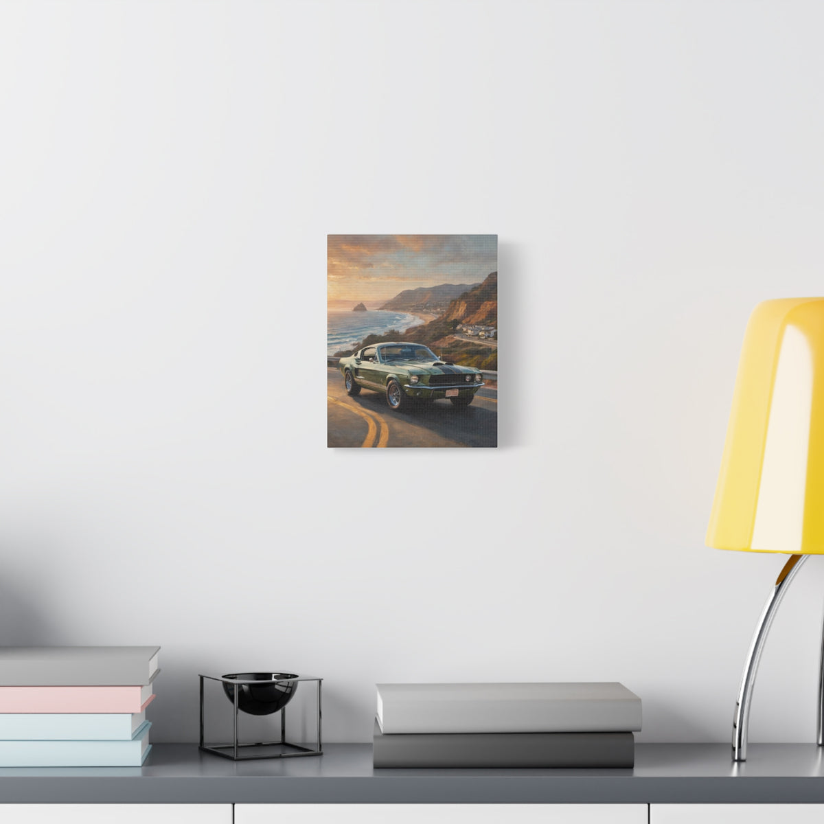 1968 Shelby GT500 Canvas Wall Art Vintage Highland Green Black Stripes Muscle Car Painting Malibu Coastal Sunset Stretched Canvas Print for Living Room Office Decor