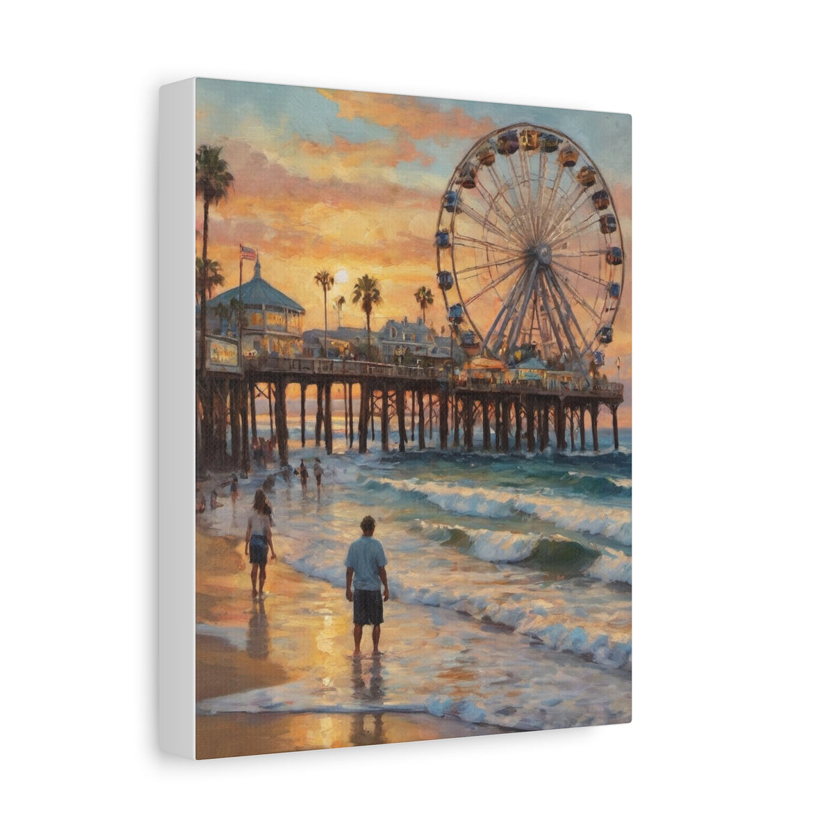 Santa Monica Pier Los Angeles Canvas Wall Art | Historic California Ocean Sunset Canvas Print | Impressionist Ferris Wheel Landscape Art for Living Room & Beach House