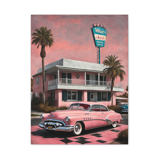 Vintage Retro Canvas Art Print, Nostalgic Wall Decor, Pink Classic Car, 50s Vibe, Perfect Gift for Home and Office