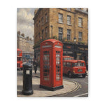 London Street Scene Matte Canvas Print — Red Phone Booth & Taxi Wall Art, Stretched 1.25"