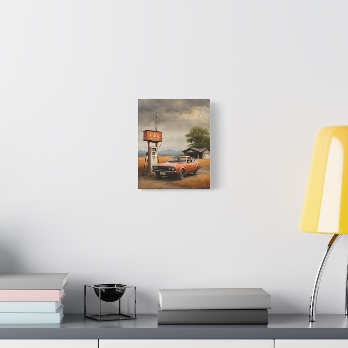 1974 Toyota Celica GT Canvas Wall Art Vintage Sunset Orange Japanese Sports Coupe Painting Retro Gas Station Storm Sky Stretched Canvas Print for Living Room Office Decor