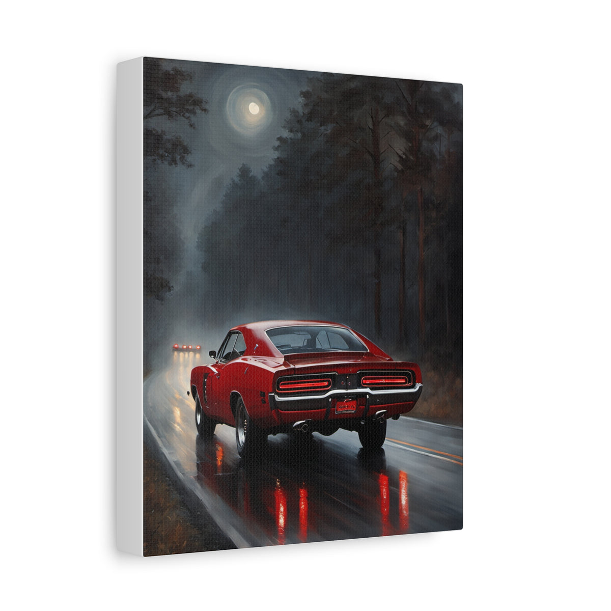 1969 Dodge Charger R/T Canvas Wall Art Vintage Flame Red Muscle Car Painting Full Moon Night Forest Misty Highway Stretched Canvas Print for Living Room Office Decor