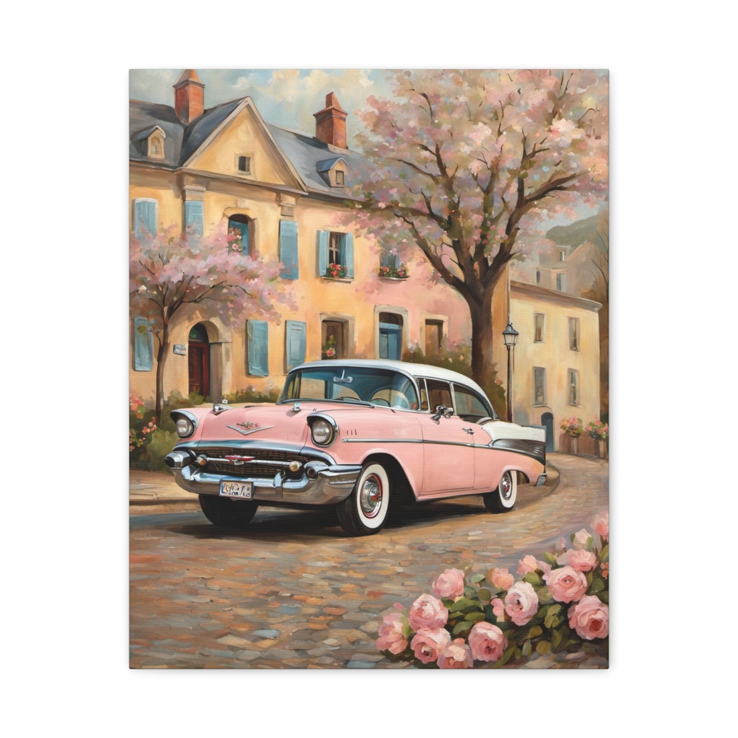 Vintage Car Canvas Print, Home Decor, Wall Art, Gift for Car Lovers, Retro Art, Floral Design, Pink Cadillac - AquilVision