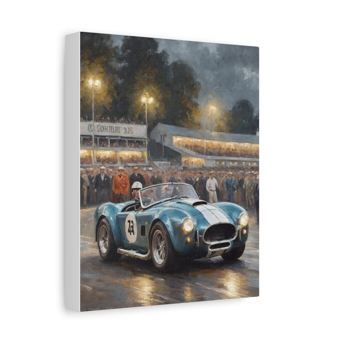 1965 AC Cobra 427 Canvas Wall Art Vintage Guardsman Blue Racing Sports Car Painting Night Grandstand Track Stretched Canvas Print for Living Room Office Decor