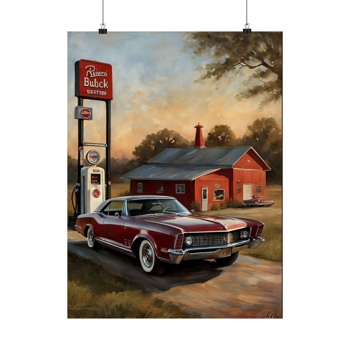 Vintage Muscle Car Poster - Retro Gas Station Matte Vertical Art Print