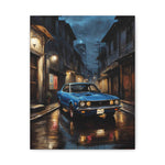 Vintage Blue Skyline Car Canvas — Retro Night Street Art Print