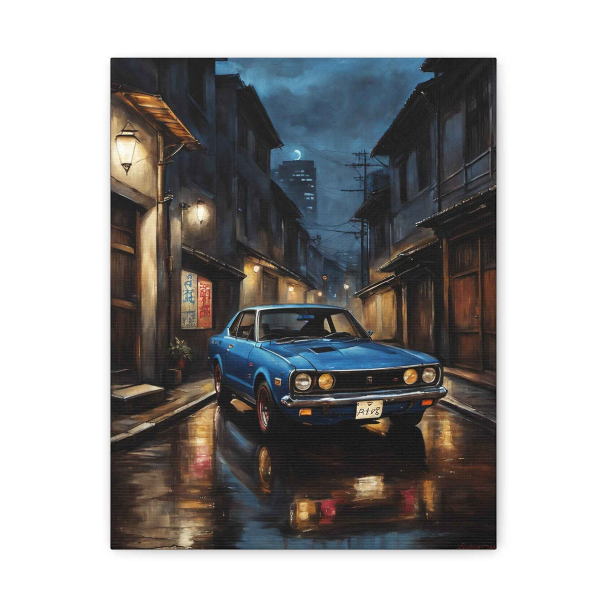 Vintage Blue Skyline Car Canvas — Retro Night Street Art Print