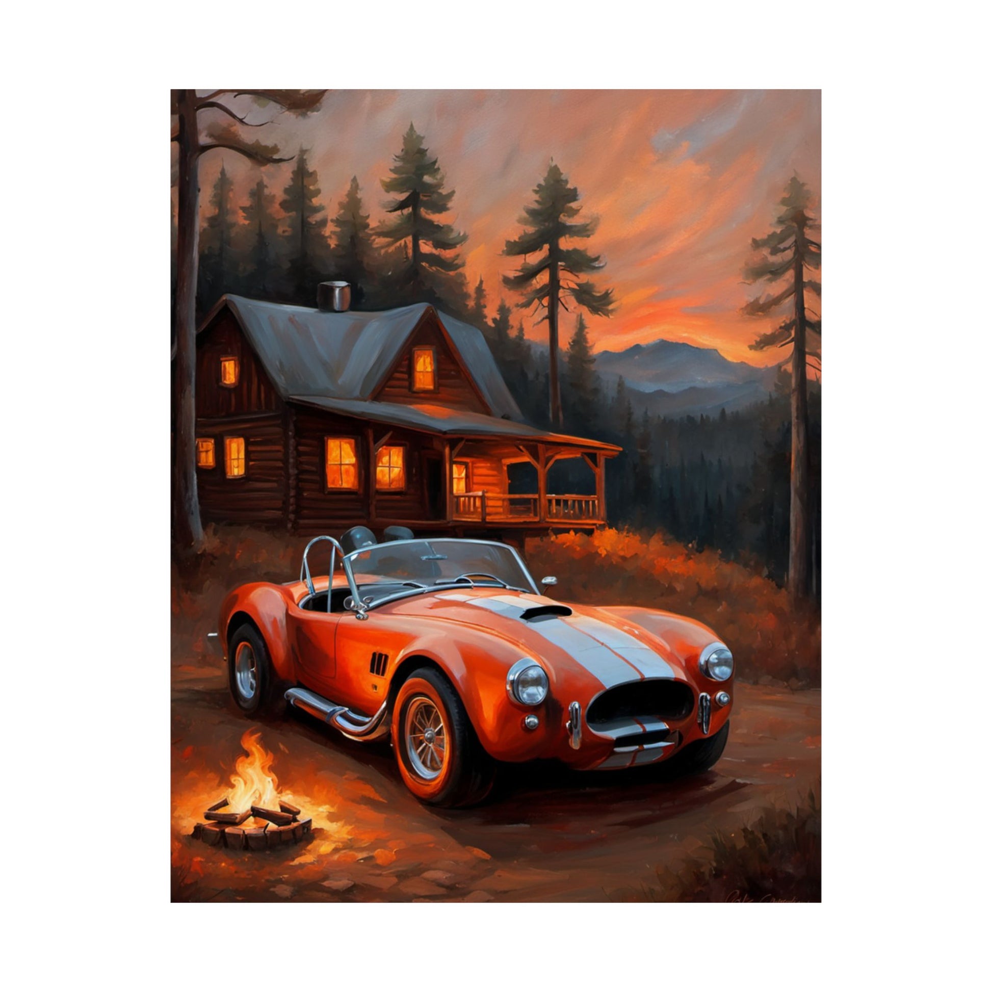 Cozy Mountain Car Poster, Auto Lovers Wall Art, Cabin Decor, Vintage Car Print, Rustic Home Decoration Printify