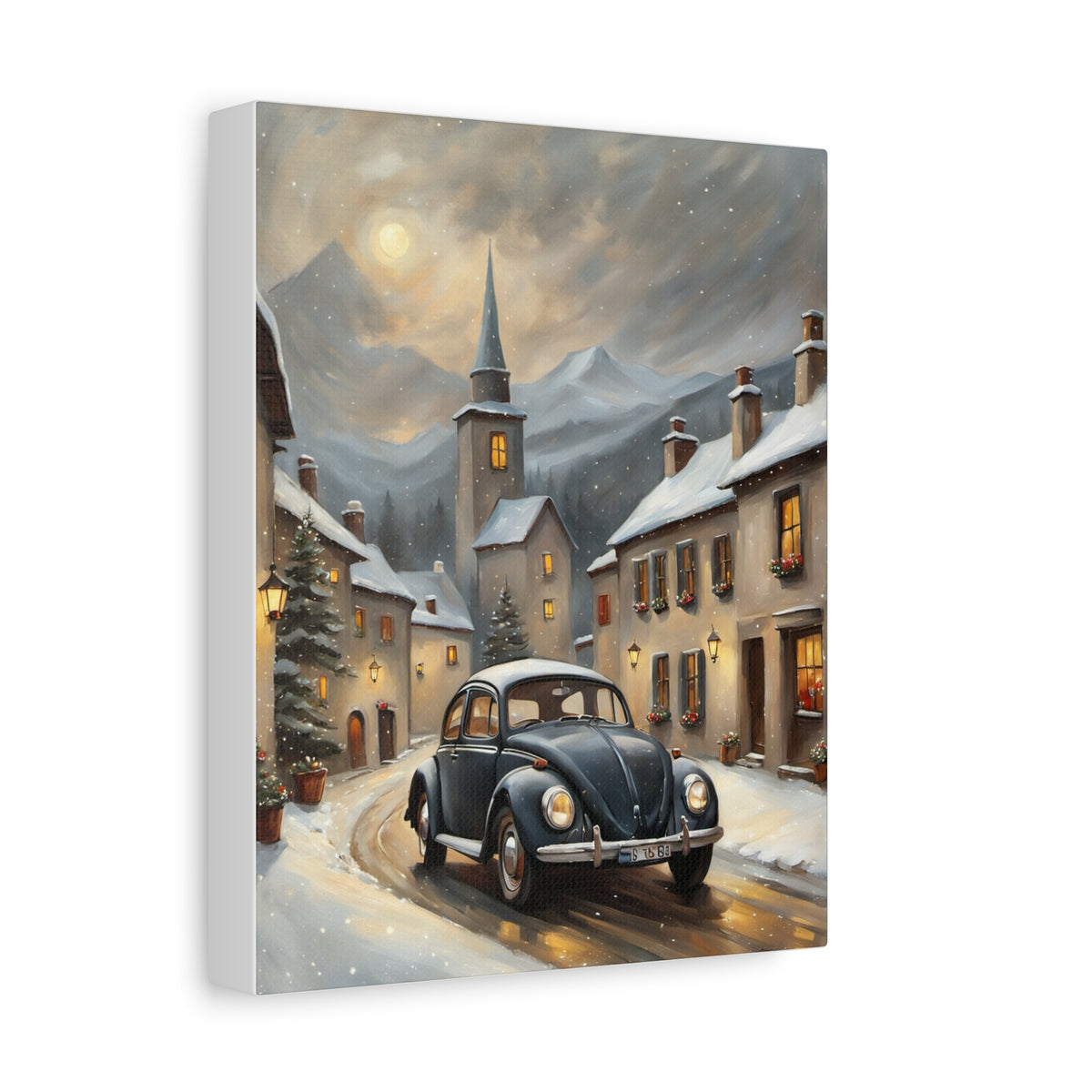 1967 Volkswagen Beetle Canvas Wall Art Vintage Slate Grey Bug Painting Alpine Village Winter Snow Stretched Canvas Print for Living Room Office Decor