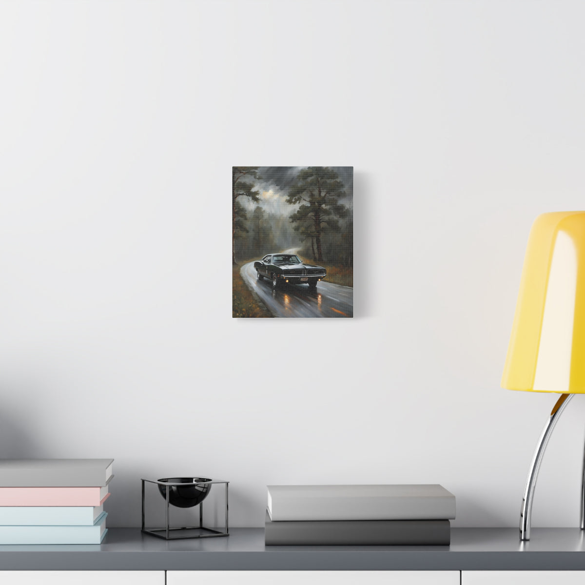 1969 Dodge Charger R/T Canvas Wall Art Vintage Gloss Black Muscle Car Painting Rainy Pine Forest Wet Road Stretched Canvas Print for Living Room Office Decor