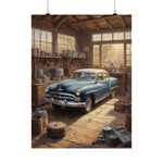 Vintage Blue Car Garage Poster — Matte Vertical Automotive Wall Art