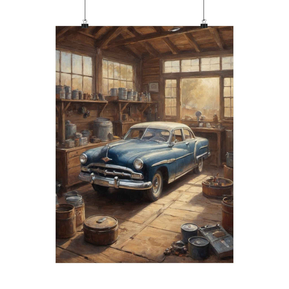 Vintage Blue Car Garage Poster — Matte Vertical Automotive Wall Art