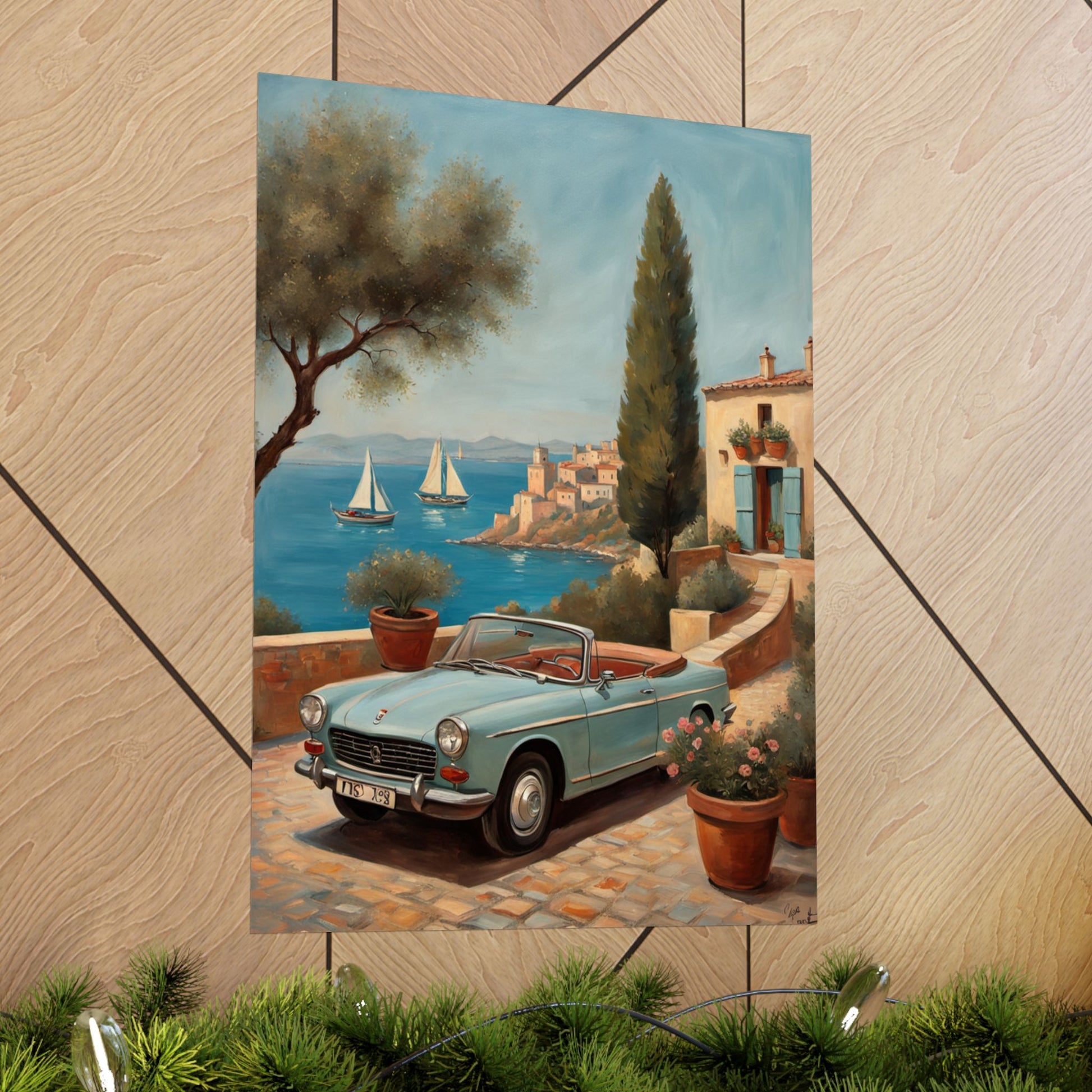 Scenic Vintage Car Art Matte Vertical Posters, Vintage Car Art, Mediterranean Vibes, Home Decor, Wall Art for Travel Lovers Printify