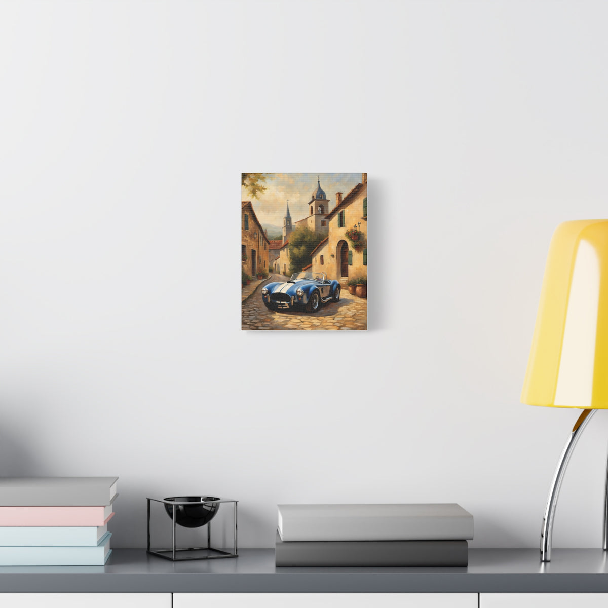 1966 Shelby Cobra 427 Canvas Wall Art Vintage Blue Sports Car Painting Tuscan Village Cobblestone Street Stretched Canvas Print for Living Room Office Decor