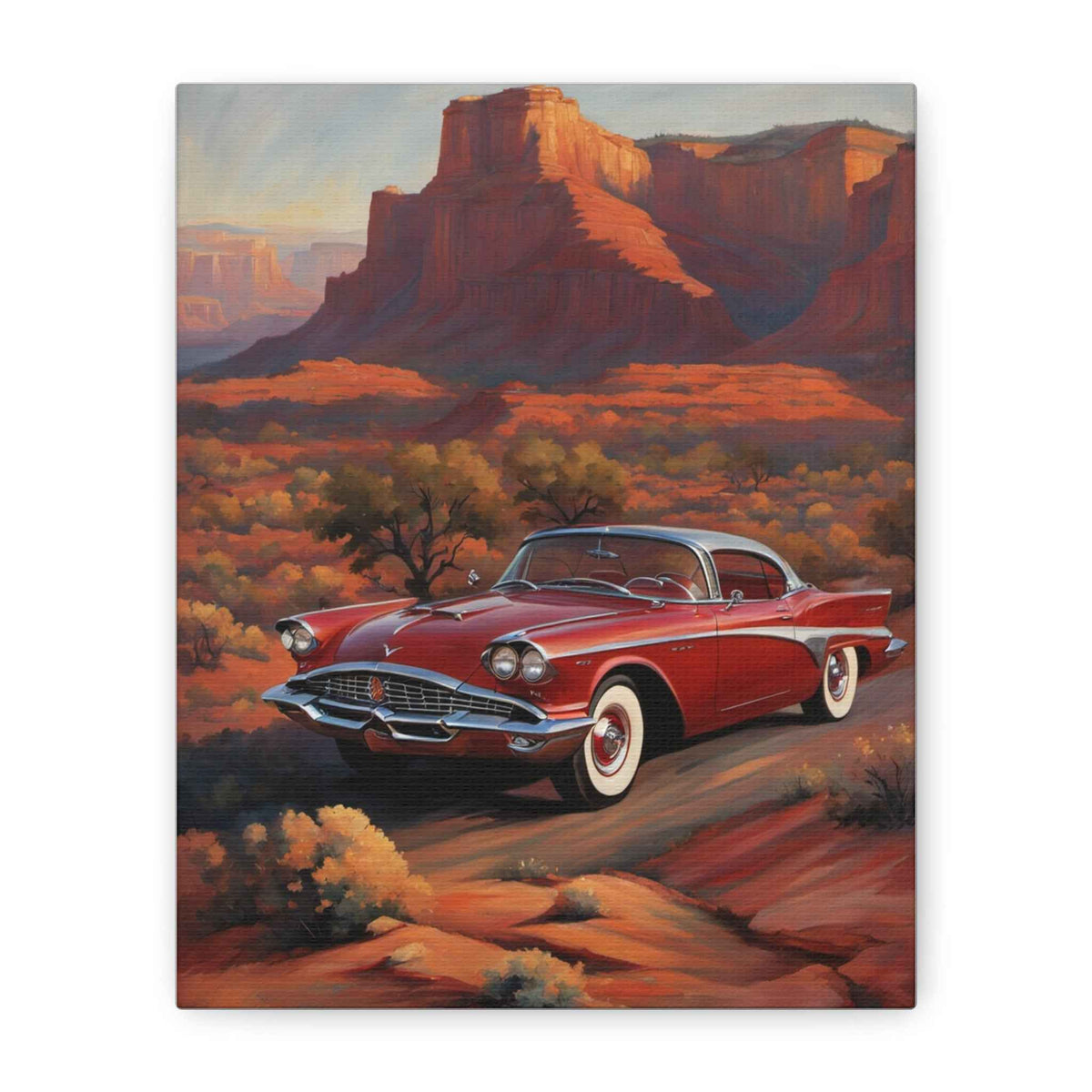 Vintage Red Classic Car Canvas Wall Art — Desert Landscape Matte Stretched Canvas