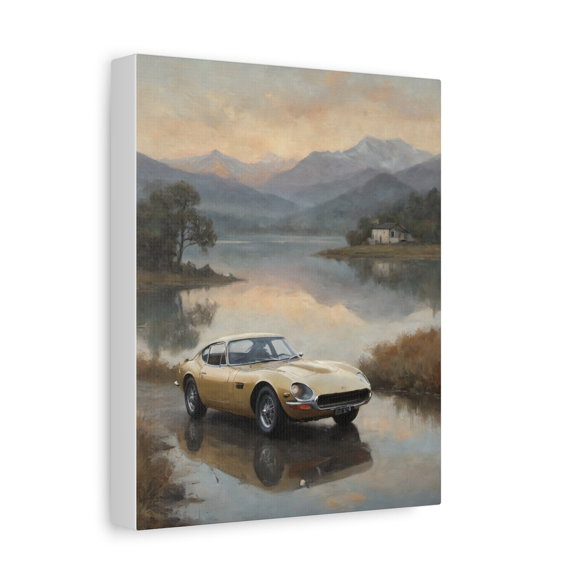 1968 Toyota 2000GT Canvas Wall Art Vintage Champagne Gold JDM Painting Misty Lakeside Mountain Reflection Stretched Canvas Print for Living Room Office Decor