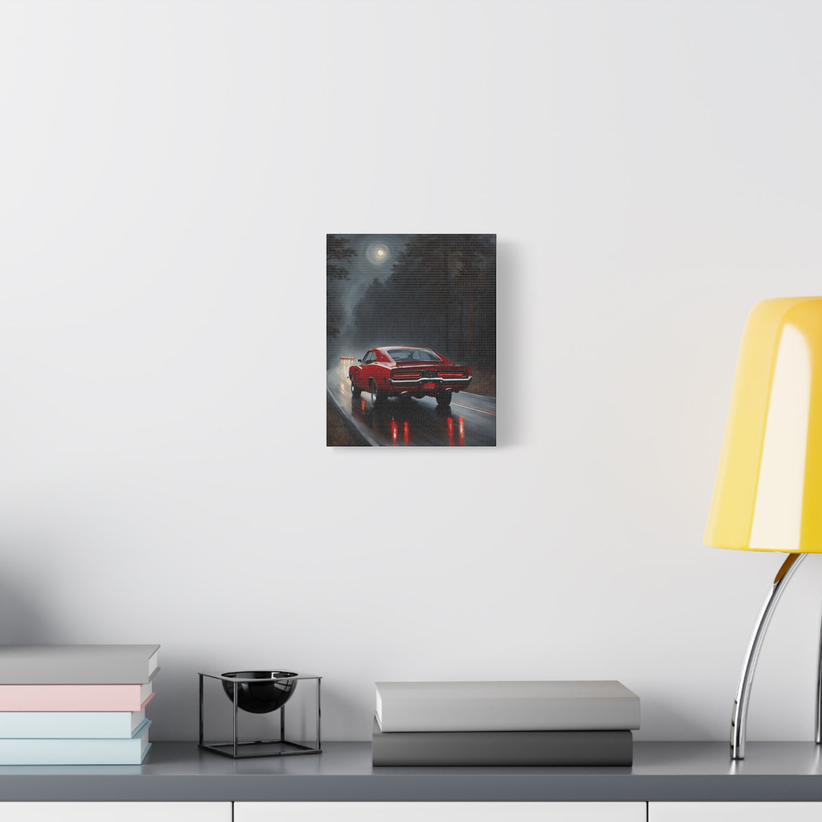 1969 Dodge Charger R/T Canvas Wall Art Vintage Flame Red Muscle Car Painting Full Moon Night Forest Misty Highway Stretched Canvas Print for Living Room Office Decor