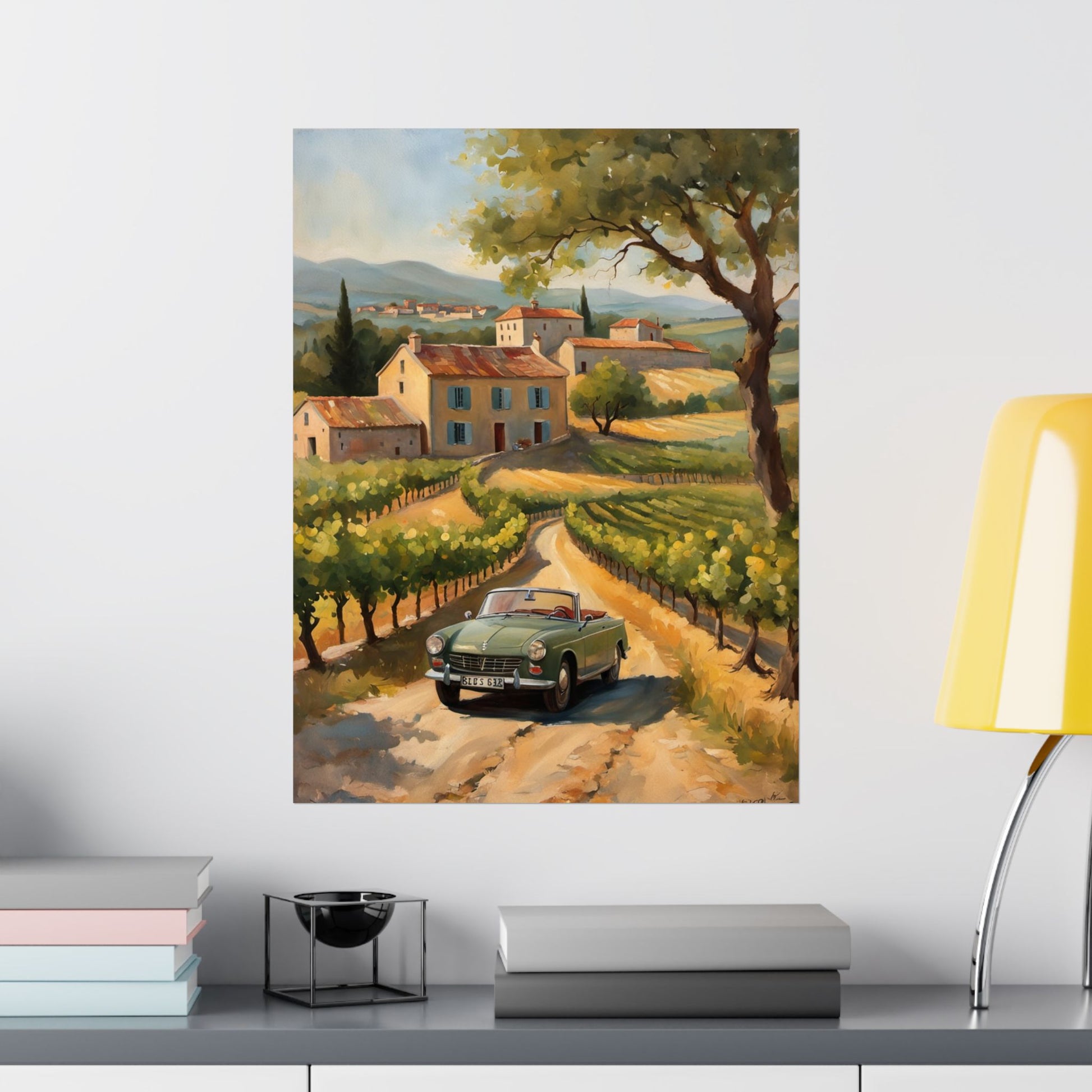 Vintage Car Landscape Poster, Wall Art Decor, Matte Vertical Print, Country Road Scene, Home Decor Gift, Retro Art, Gift for Car Lovers Printify
