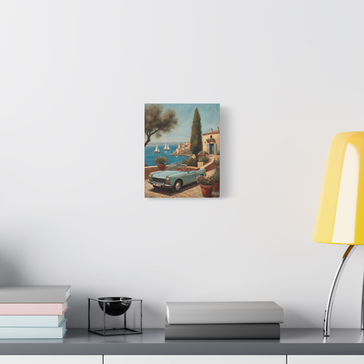 1965 Peugeot 404 Cabriolet Canvas Wall Art Vintage Light Blue French Convertible Painting Mediterranean Coast Villa Terrace Stretched Canvas Print for Living Room Office Decor