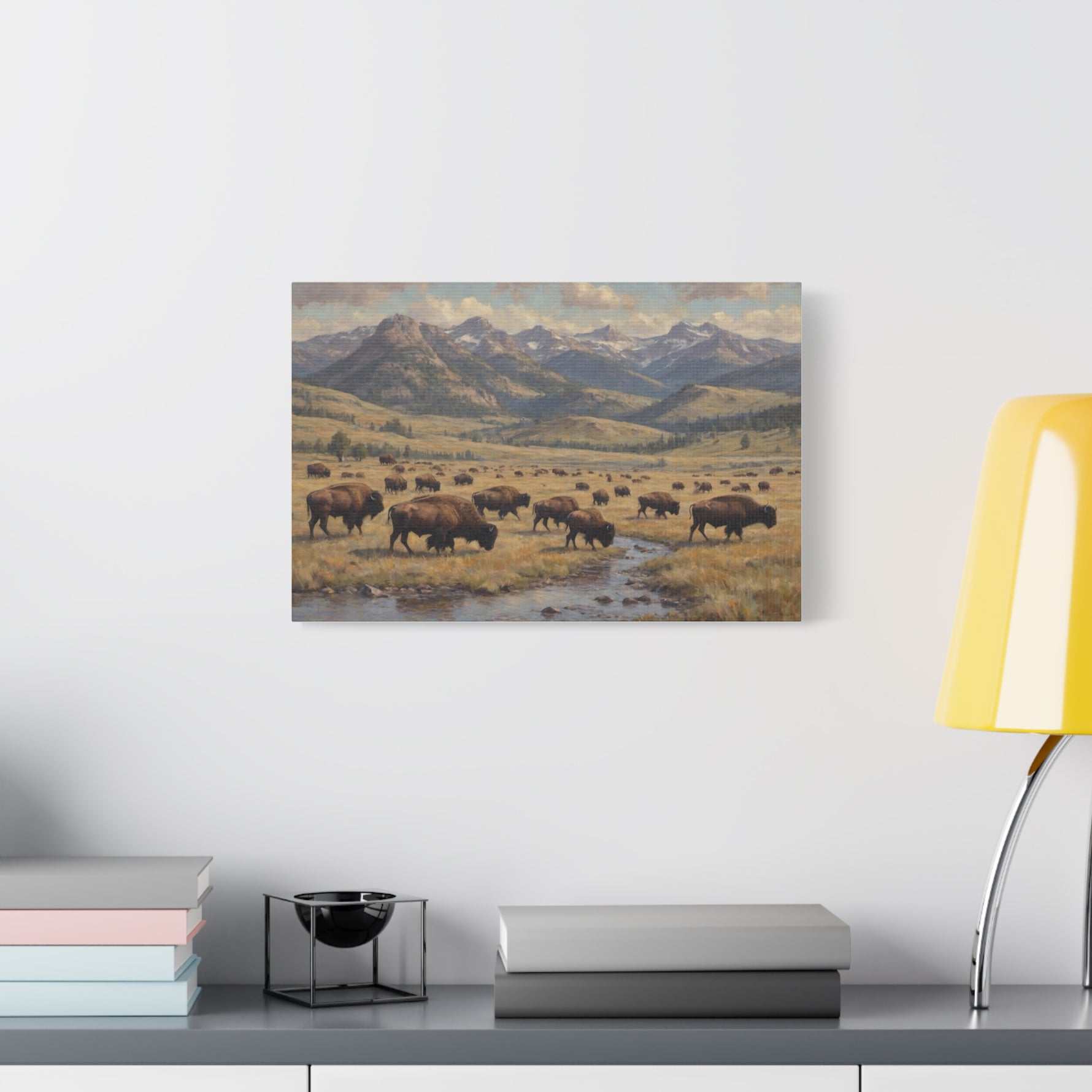 Bison Herd Yellowstone Canvas Print — Western Mountain Landscape Matte Stretched Wall Art - AquilVision