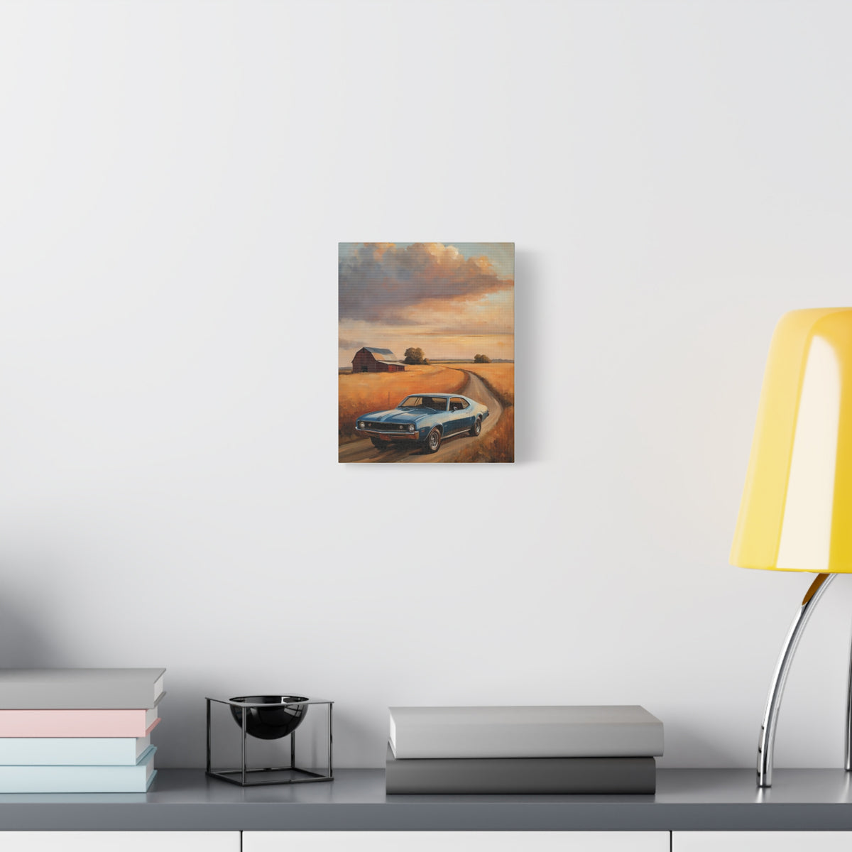 1968 AMC Javelin Canvas Wall Art Vintage Sky Blue Muscle Car Painting Rural Barn Sunset Wheat Field Stretched Canvas Print for Living Room Office Decor