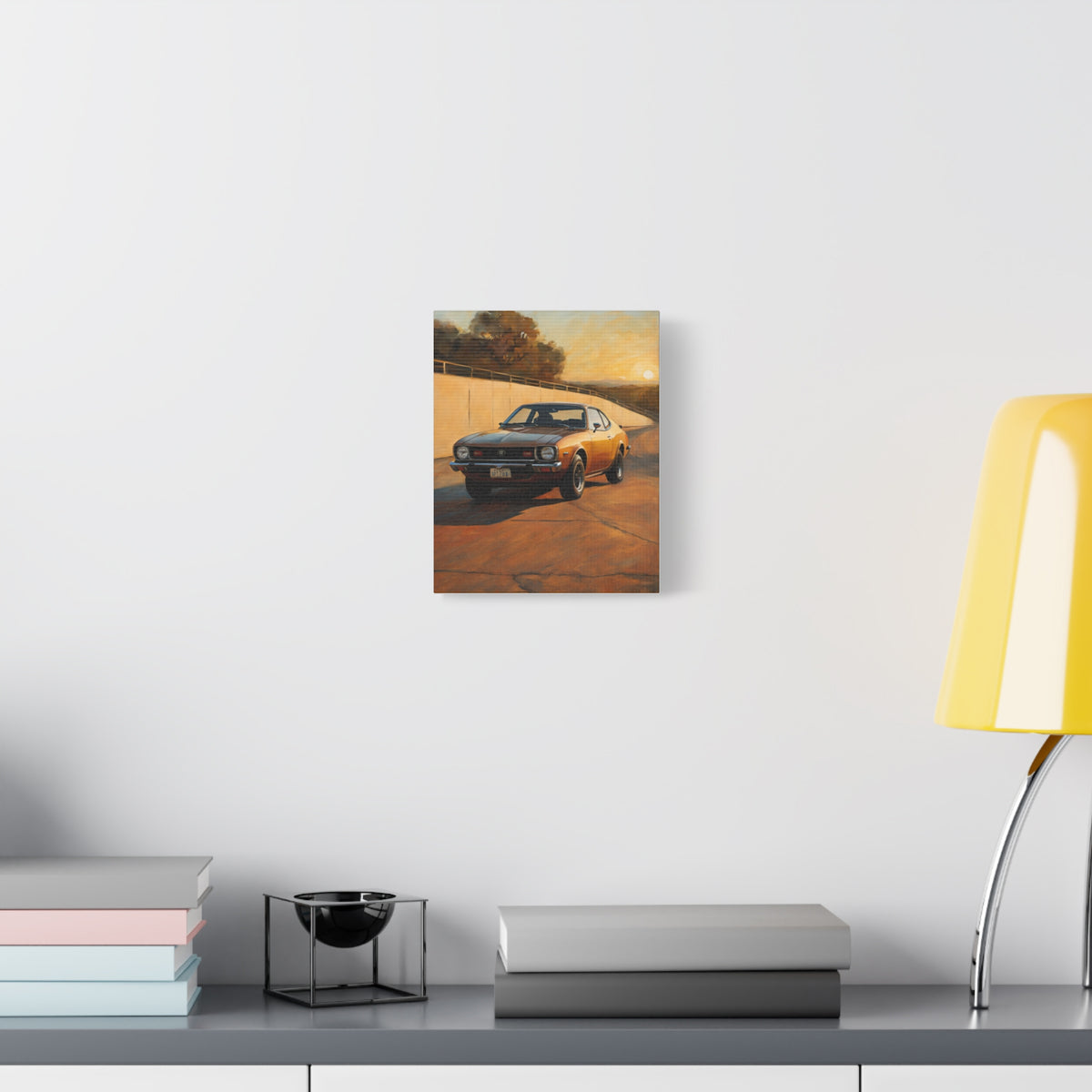 1974 Toyota Celica GT Canvas Wall Art Vintage Golden Bronze Japanese Sports Coupe Painting Sunset Mountain Road Overlook Stretched Canvas Print for Living Room Office Decor