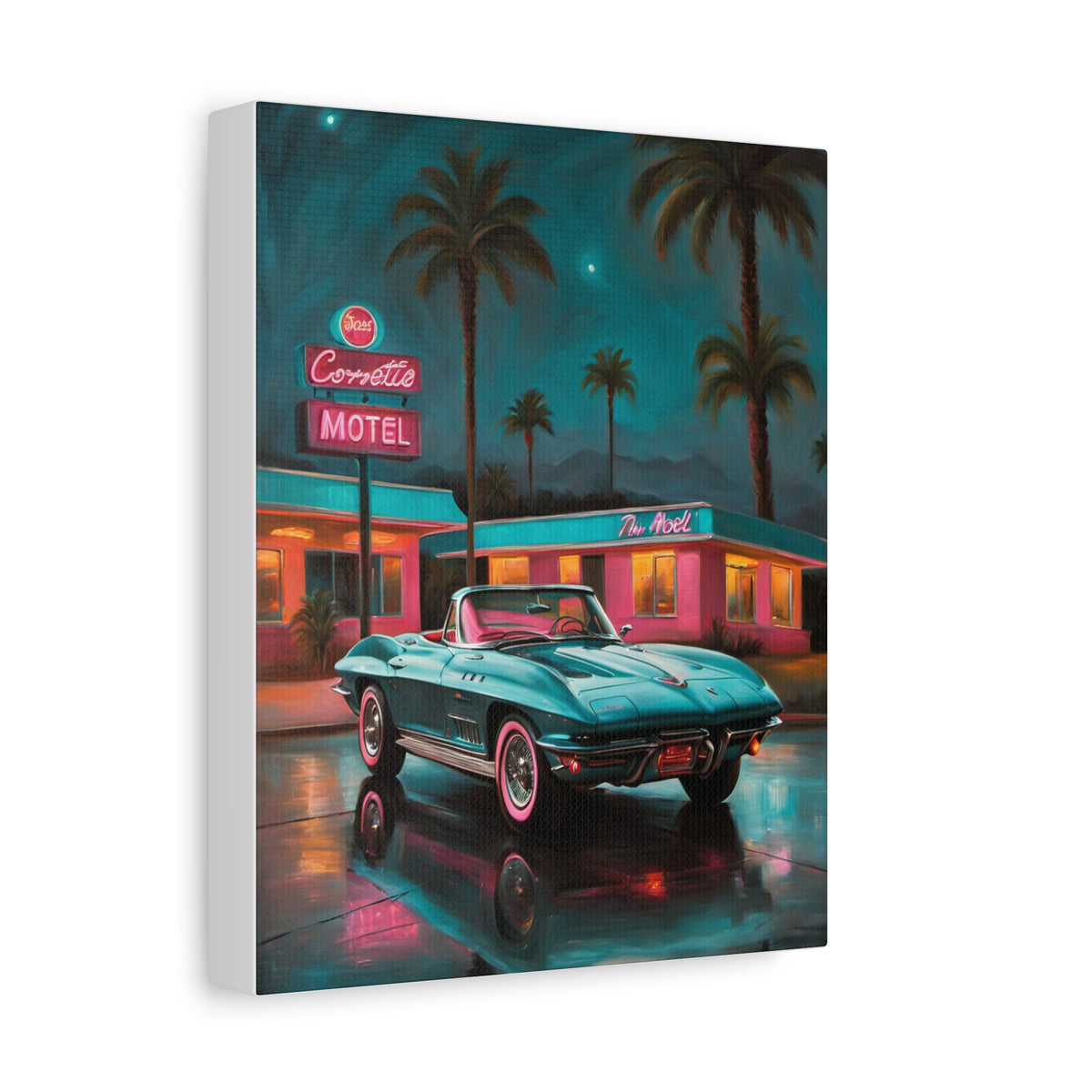 1963 Chevrolet Corvette C2 Convertible Canvas Wall Art Vintage Teal Muscle Car Painting Neon Motel Night Palm Trees Stretched Canvas Print for Living Room Office Decor