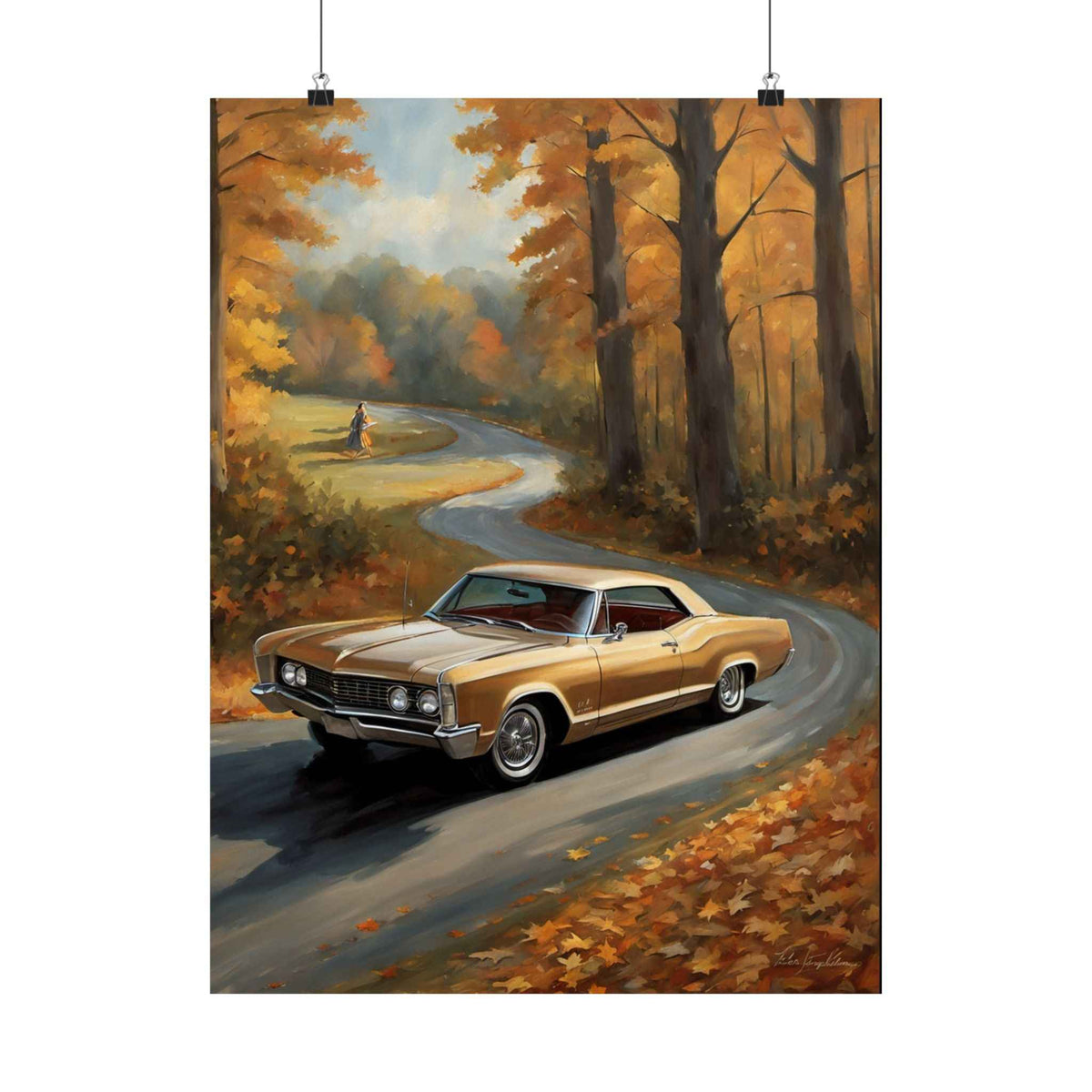 Vintage Muscle Car Poster — Autumn Road Matte Vertical Art Print