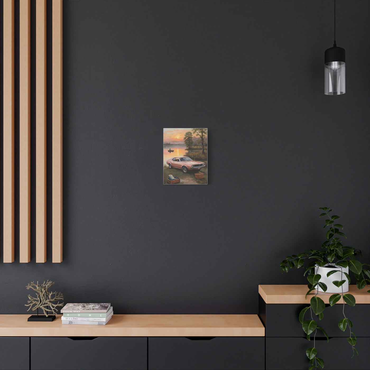 Nostalgic 68s Car Artwork displayed on a modern wall with minimalistic decor