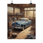 Vintage Blue Car Garage Poster — Matte Vertical Automotive Wall Art