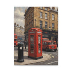 London Street Scene Matte Canvas Print — Red Phone Booth & Taxi Wall Art, Stretched 1.25"