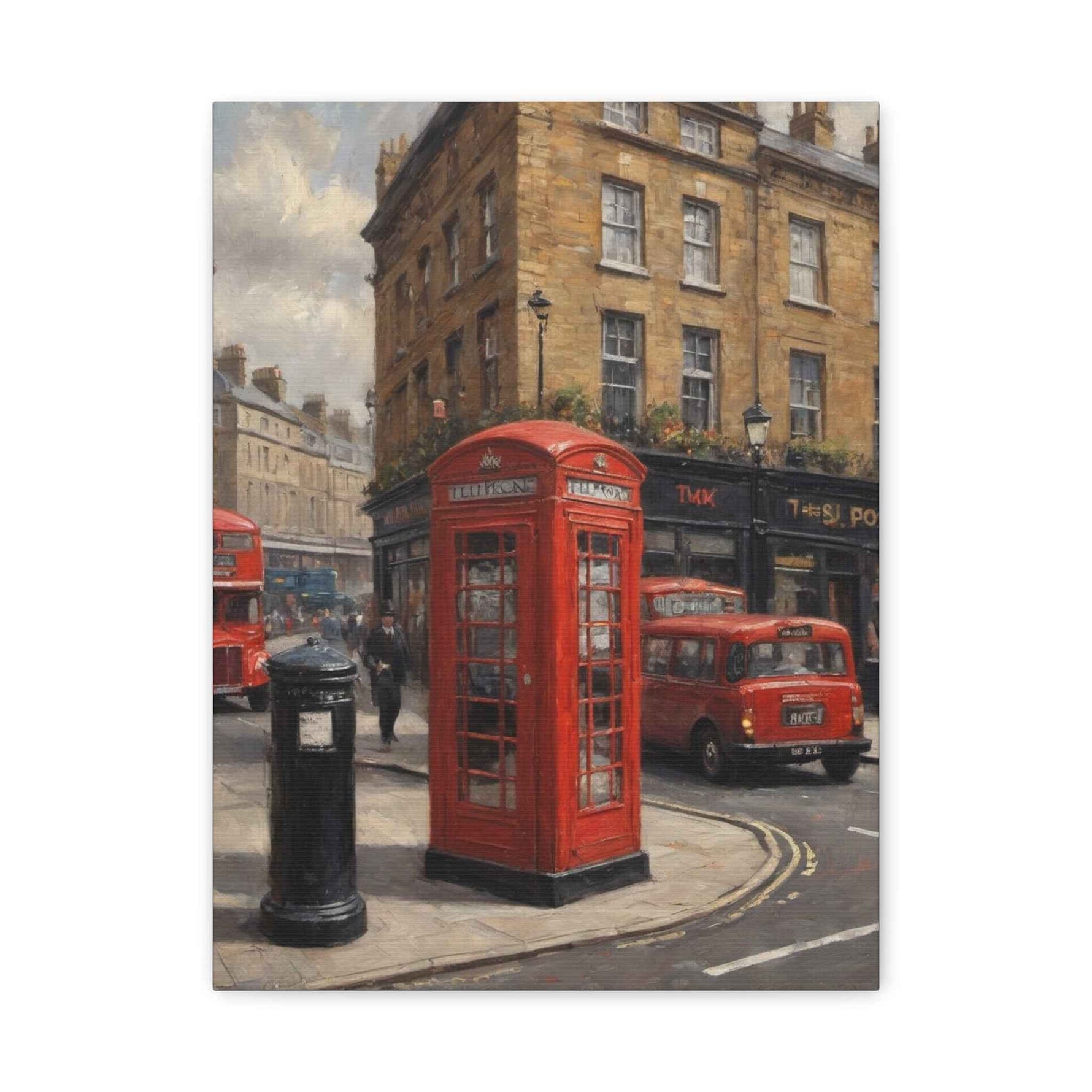 London Street Scene Matte Canvas Print — Red Phone Booth & Taxi Wall Art, Stretched 1.25"