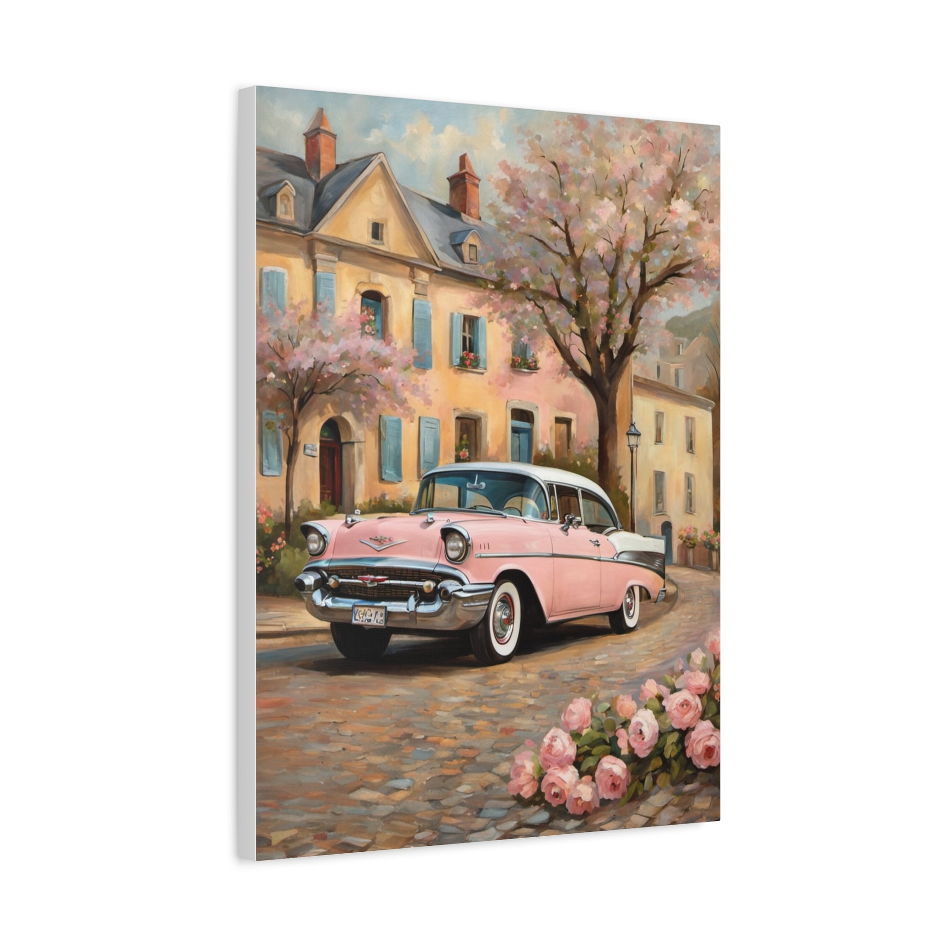 Vintage Car Canvas Print, Home Decor, Wall Art, Gift for Car Lovers, Retro Art, Floral Design, Pink Cadillac - AquilVision